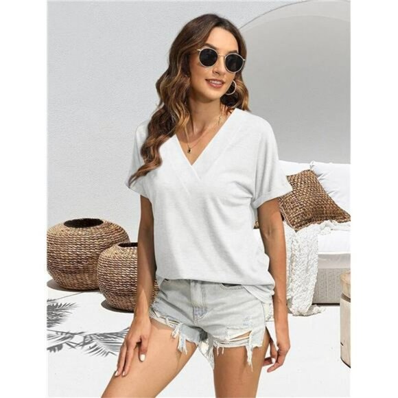 Womens V Neck Short Sleeve T Shirt Casual Summer Beach Vacation Top 2025 - Picture 4 of 7